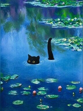 Monet Inspired Black Cat Swimming Art Print 8.5x11